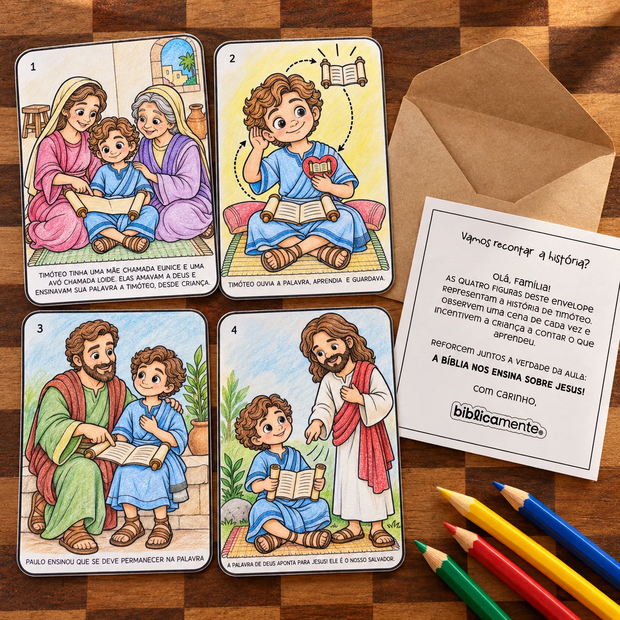 Cartões ilustrados da história de Timóteo e envelope para discipulado no lar